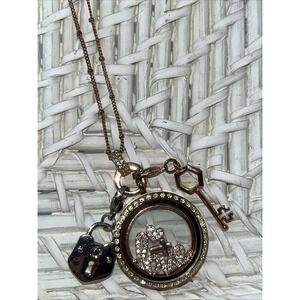 Origami Owl Necklace Love Locket Rose Gold Plated Pendant Cross Heart‎ Lock Key